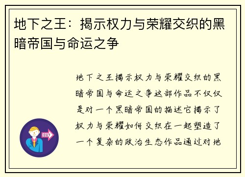 地下之王：揭示权力与荣耀交织的黑暗帝国与命运之争