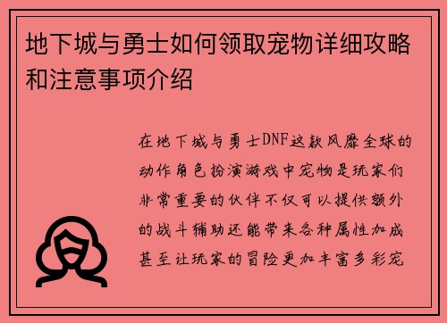 地下城与勇士如何领取宠物详细攻略和注意事项介绍 地下城与勇士如何领取宠物详细攻略和注意事项介绍